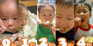 ごはんをほおばる0歳・1歳・2歳・3歳・4歳の息子