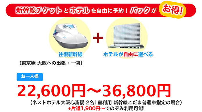 新幹線チケット代とホテル代の料金一例
