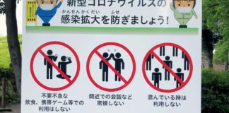 世田谷公園に掲げられた看板　新型コロナウイルスの感染拡大を防ぐための注意