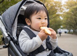 ベビーカーに乗っている赤ちゃんがパンを食べているところ