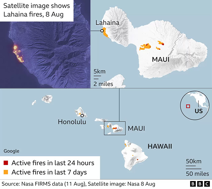 マウイ島、山火事が発生した場所を示した地図