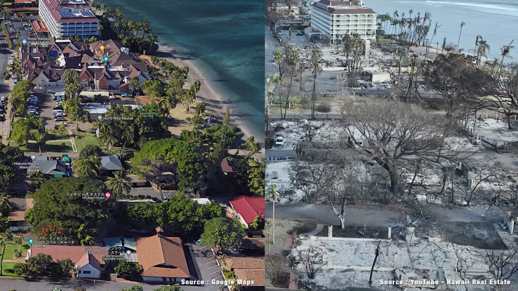 ハワイ・マウイ島の山火事、ラハイナの火災前と火災後の比較