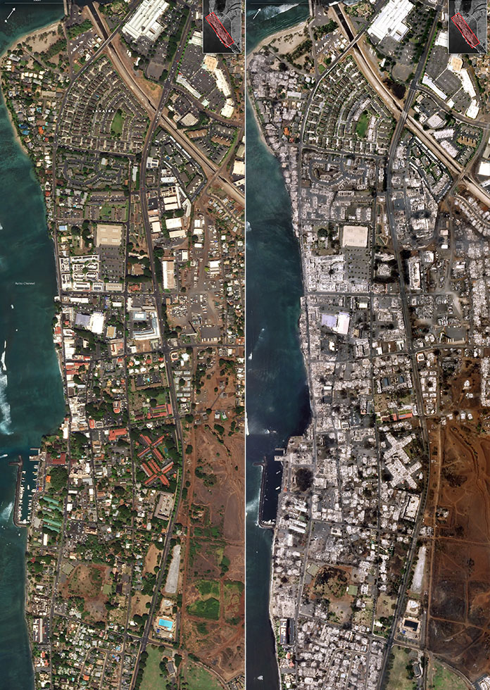 ラハイナの航空写真　山火事発生前と発生後