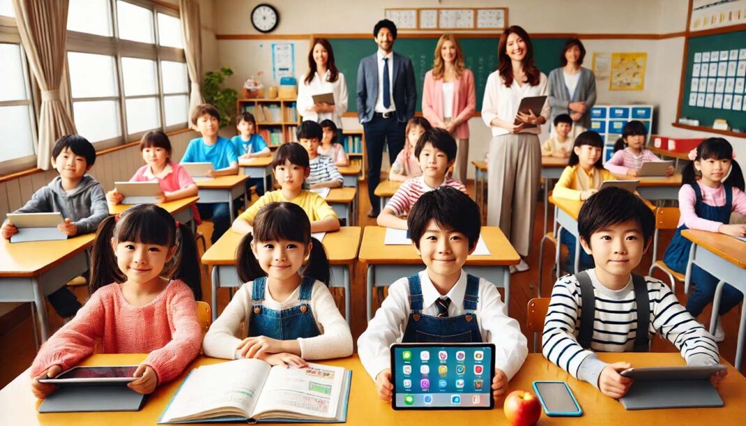 小学校でタブレットを授業を参観する保護者