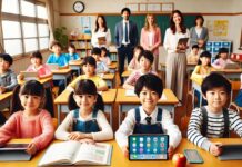 小学校でタブレットを授業を参観する保護者