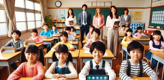 小学校でタブレットを授業を参観する保護者