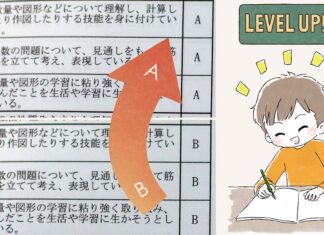 小学校の算数の成績がBからAにアップして、嬉しそうに勉強している男の子