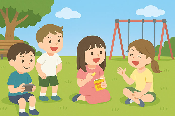 ゲームを楽しむ男の子と、お菓子を食べながらおしゃべりを楽しむ女の子