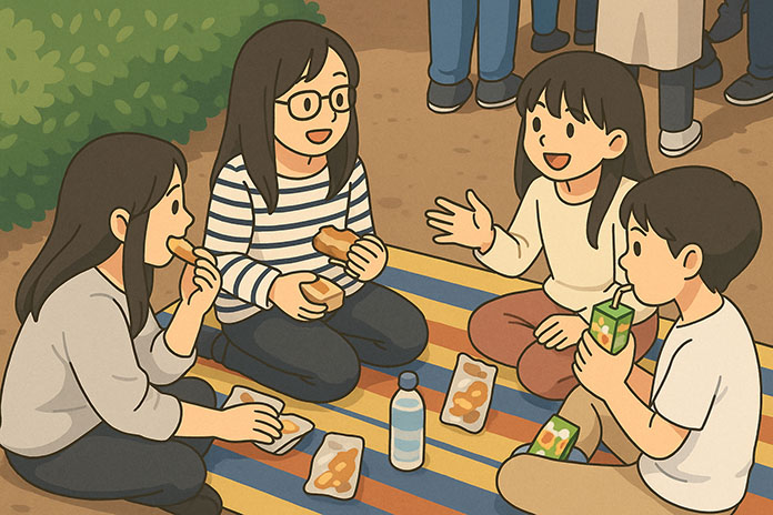 保育園時代の同窓会の様子。公園でおしゃべりする小学生の女の子たち
