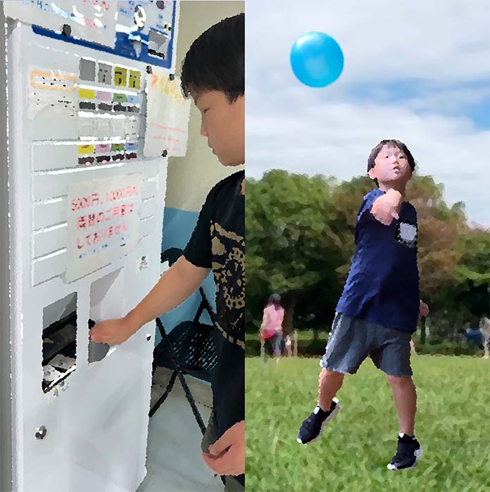 プールでチケットを買うところ、公園でキャッチボールしているところ