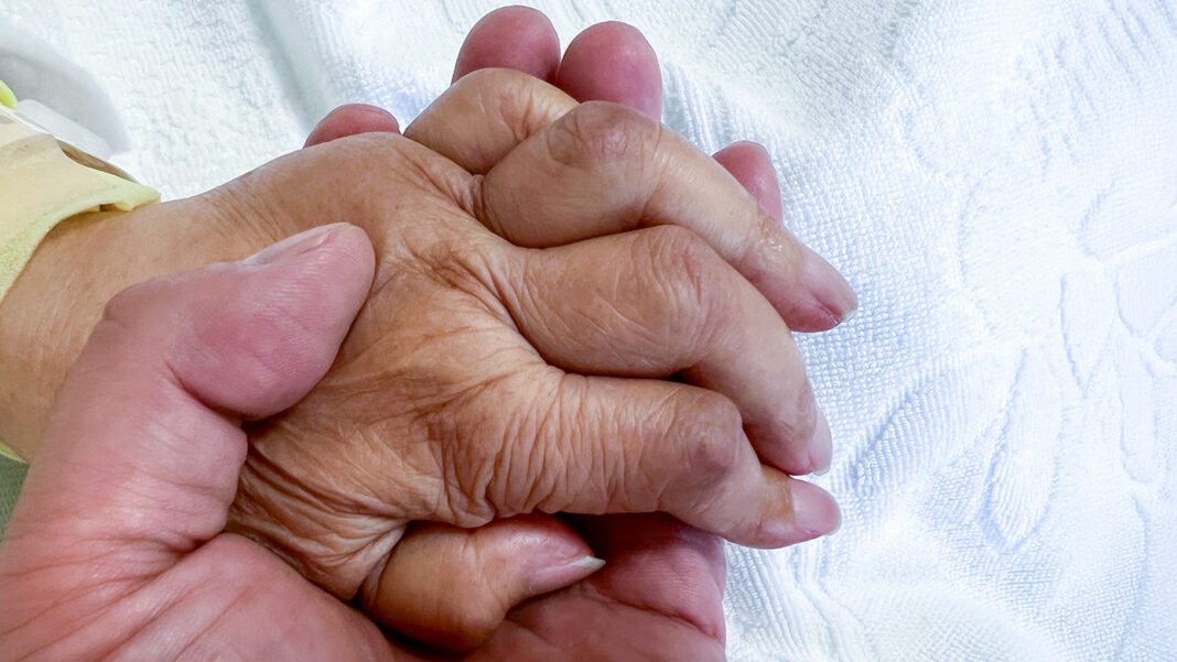 52歳の息子が、75歳の母の手をそっととり手を繋いでいる様子