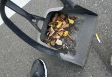 チリトリとホウキで、吸い殻や落ち葉を拾っている