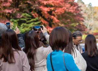 軽井沢の雲場池で紅葉を撮影する観光客