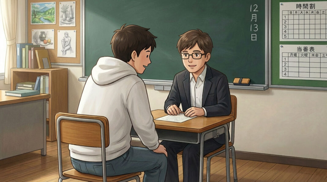 shougakko-5nen-kojinmendan 小学校の個人面談。先生と父親が話している。