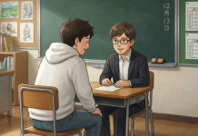 小学5年生の個人面談で褒められました 小学校の個人面談。先生と父親が話している。