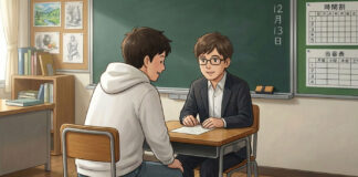 小学校の個人面談。先生と父親が話している。