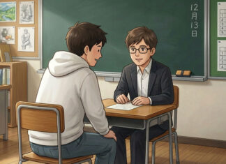 小学5年生の個人面談で褒められました 小学校の個人面談。先生と父親が話している。