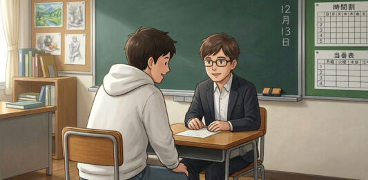 小学校の個人面談。先生と父親が話している。