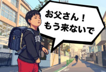 朝の登校時、「お父さん、もう来ないで！」と言っている小学生の男の子