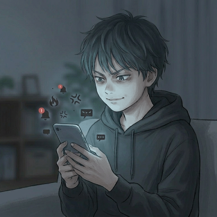 SNSのコメント欄に投稿しながら興奮する男の子のイラスト