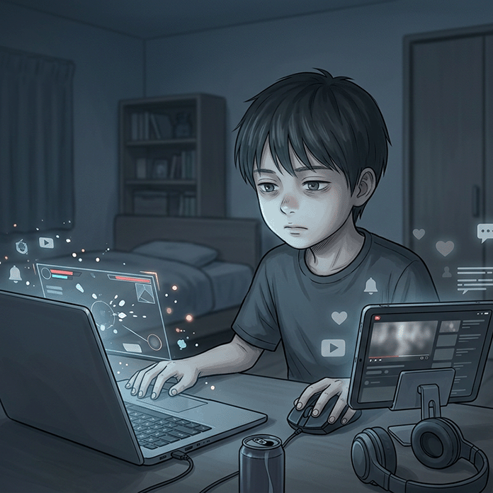 パソコンでゲームをしながら、隣にタブレットをおいて動画を見ている男の子のイラスト