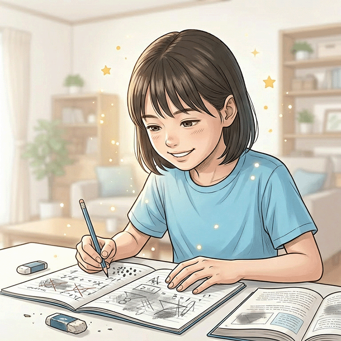 頑張って難しい算数の問題を解いて笑顔の女の子のイラスト